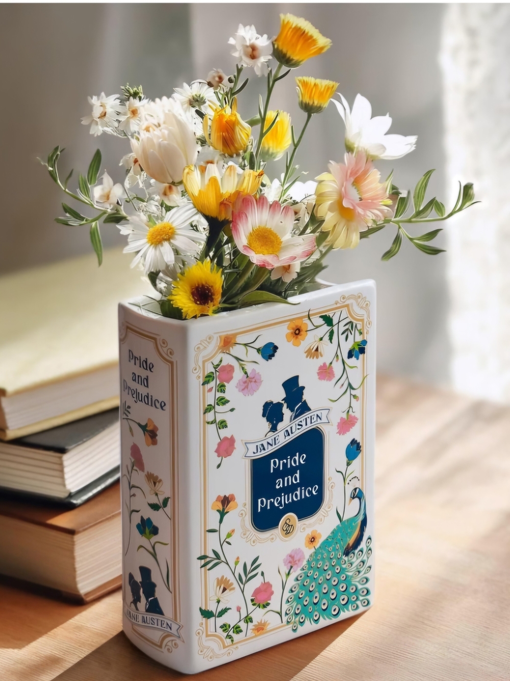 Pride & Prejudice Jane Austen Ceramic Book Vase Floral Peacock NEW